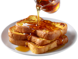 A mouth-watering shot of rich syrup being poured over thick-cut, golden French toast. A classic and indulgent, isolated breakfast for any brunch menu.
