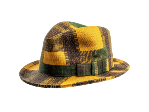 Colorful checked fedora hat with yellow and brown pattern on black background