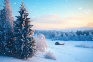 Merry christmas and happy new year greeting background with copy-space.Winter landscape with snow and christmas trees