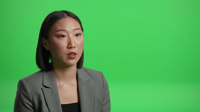 Young Asian businesswoman speaks seriously against green screen background.