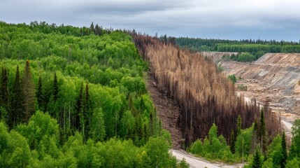 Deforested Area Next to Green Forest and Open-Pit Mine