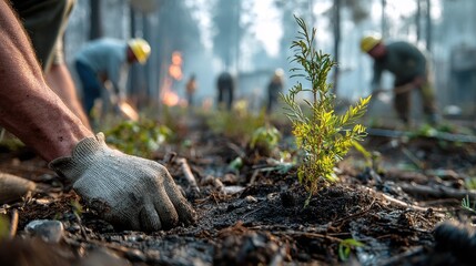 Reforestation Project: Volunteer Planting Sapling in Burnt Forest Soil After Wildfire, Environmental Restoration, Conservation Efforts, Focus on New Growth