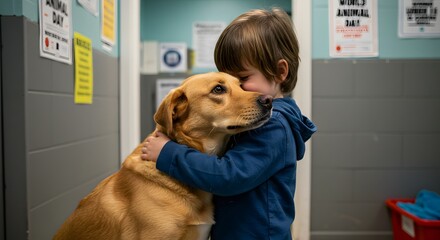 Heartwarming moment of a young boy embracing his loyal golden labrador friend, showing unconditional love and companionship, perfect for family, pet adoption, or emotional connection campaigns