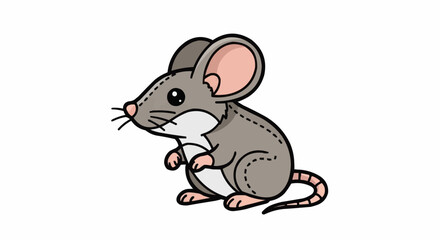 Cute cartoon grey mouse with pink ears and a white belly, depicted with visible stitching lines, resembling a plush toy or drawing.