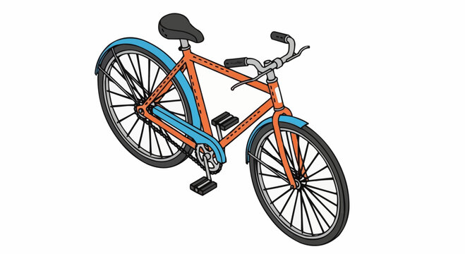 An orange and blue bicycle with black wheels and a comfortable seat.