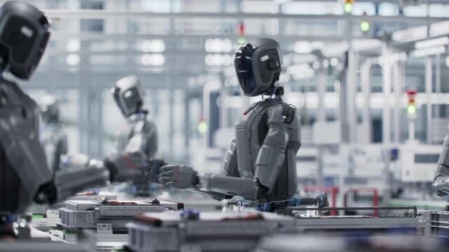 3D Animation: Industrial Automation AI Accelerated: Advanced Robot Working on Complex Detail in Industrial Environment. Autonomous AI Powered Humanoid Robots Work at Factory on Assembly Line. 