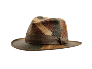 Vintage checkered fedora hat with brown band on black background