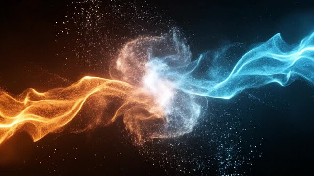 Abstract art featuring merging streams of orange and blue light particles on a black background