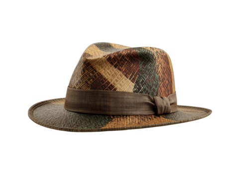 Vintage checkered fedora hat with brown band on black background