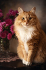 A photo of a ginger cat next to a bouquet of pink flowers.
