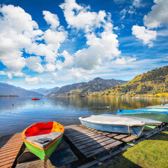 Remarkable autumn view of lake and trees in city park of Sell Am See