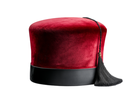 Elegant red fez hat with black tassel on white background