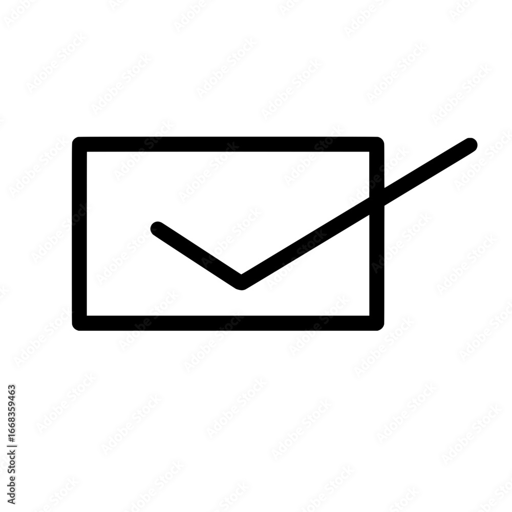 Poster black outlined square with a check mark diagonally crossing through it on a white isolated backgroun