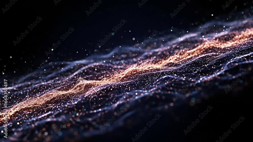 Aufkleber an abstract digital wave pattern of glittering particles and lines against a dark backdrop