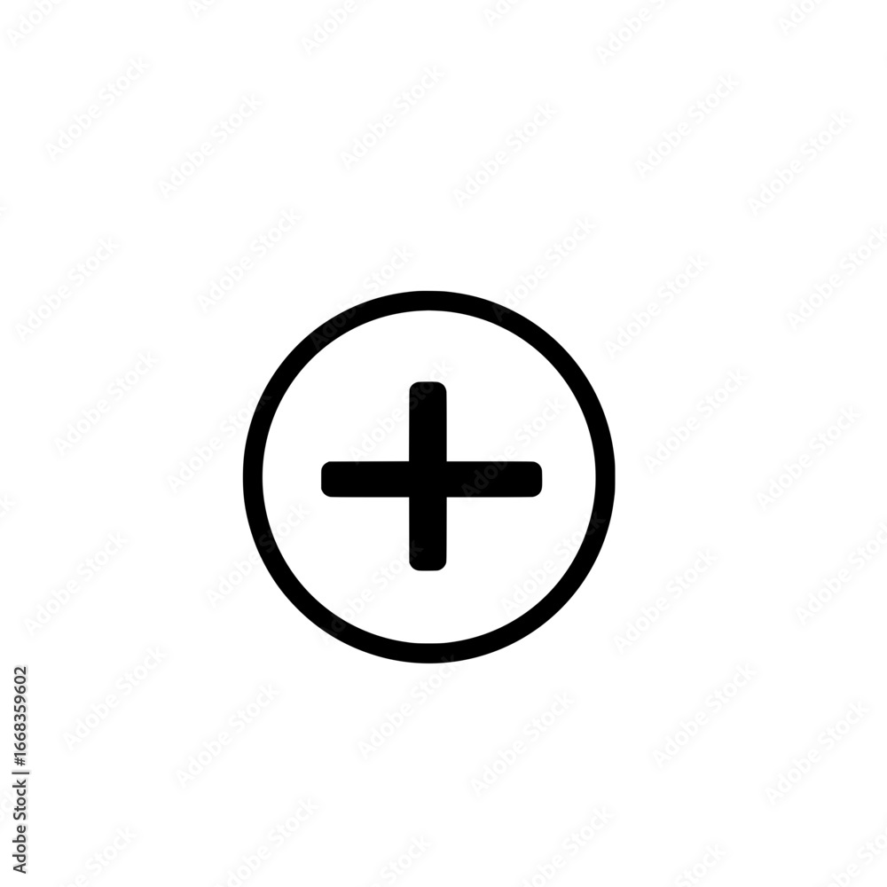 Poster a simple black plus sign centered inside a circle on a plain white background in a minimalist style