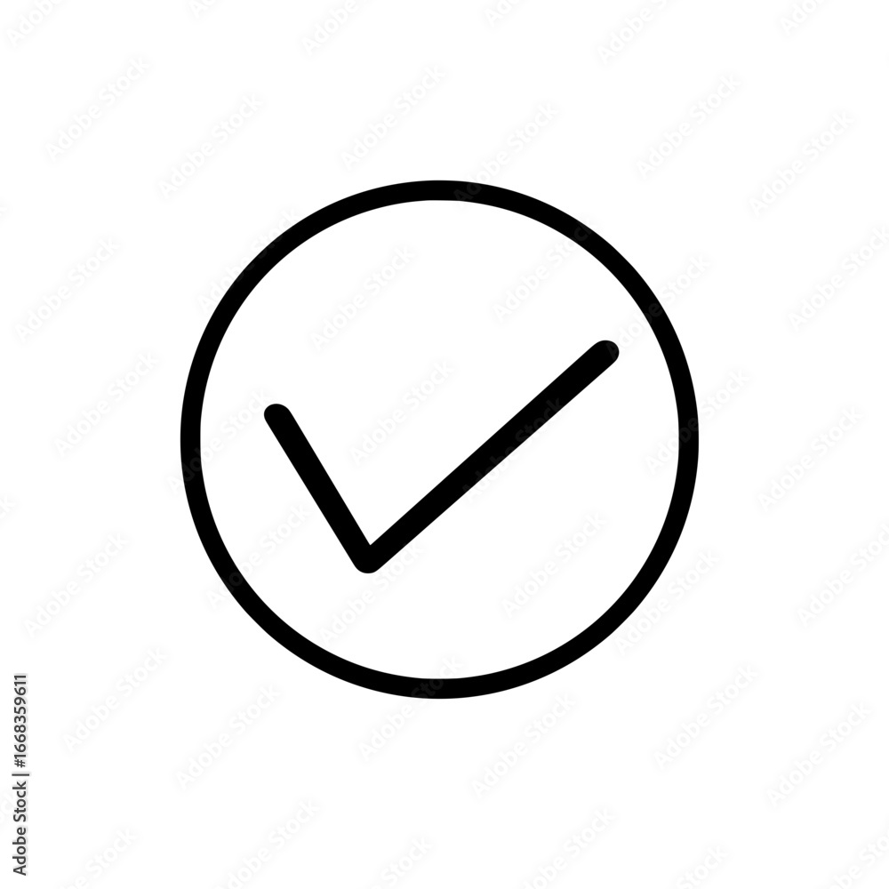 Poster black outline of a circle containing a check mark centered on a white background for approval icon u