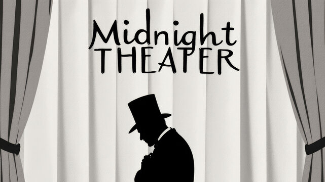 Black and white theater curtain with silhouette and midnight theater text