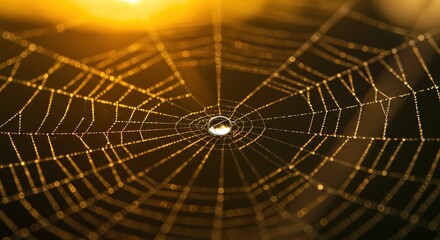 Obraz premium Stunning golden spider web with glistening water droplet reflecting the morning sunlight