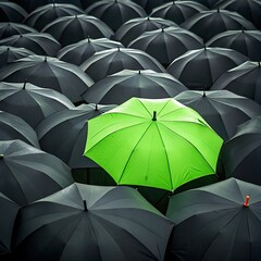 One bright green umbrella stands out among many black umbrellas