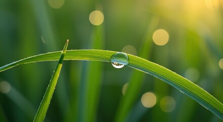Stunning macro shot of water droplet on vibrant green grass blade with soft sunlight bokeh