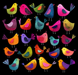 Obraz premium Cartoon birds in a cute doodle style, with simple shapes and vector illustration on a black background. Featuring many poses and expressions, in colorful, happy hues.