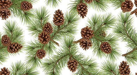 Fototapeta premium Rustic Pinecones and Evergreen Pine Needles Seamless Pattern — Christmas Woodland Background for Wrapping Paper, Textile, Scrapbooking, Holiday Crafts