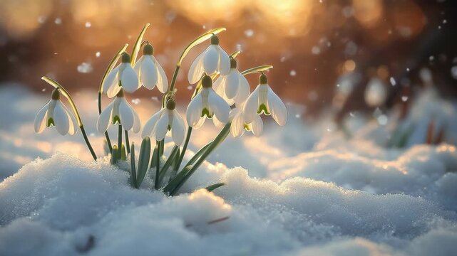 Delicate white snowdrops bloom through fresh snow at golden sunset, creating a poetic contrast between fragility and resilience, symbolizing hope, rebirth, and the arrival of spring in winter end.