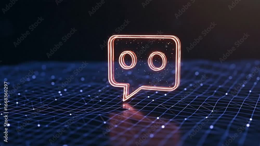 Poster an orange outline of a chat bubble with two circles inside stands on a blue grid