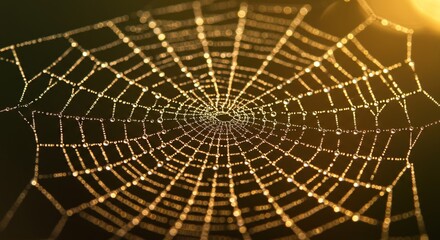 Naklejka premium Stunning spider web glistening with morning dew drops under golden sunlight, beautiful nature