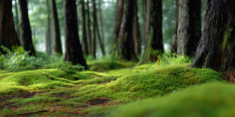 Obraz premium Green moss covering forest floor with tall tree trunks in peaceful natural woodland environment