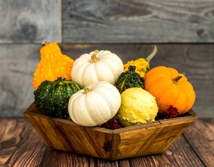 Assorted gourds and pumpkins in a wooden bowl