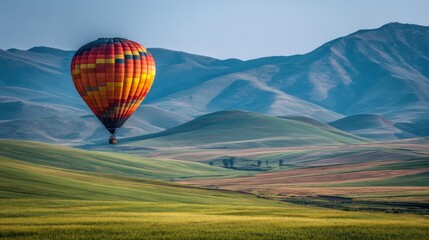 Obraz premium Hot Air Balloon Over Green Fields with Distant Mountains