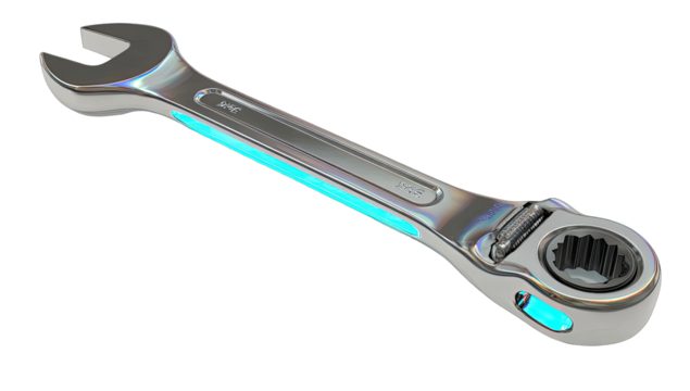 A metallic adjustable wrench, angled, with a highlighted area