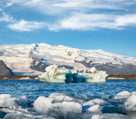 Impressive floating icebergs in Jokulsarlon glacier lagoon.