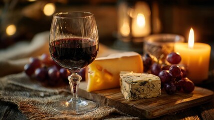 A glass of red wine, cheese, grapes, and a candle create a cozy, romantic setting.