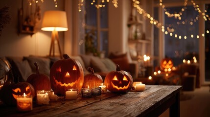Jack-o'-lanterns illuminating a rustic Halloween table setting