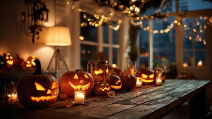 Jack-o'-lanterns illuminating a rustic Halloween table setting
