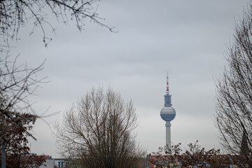 TV Tower in Berlin Framed by Bare Trees on Overcast Winter Day