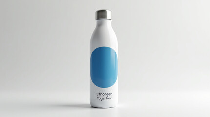 A white metal water bottle with a silver cap and a blue label, isolated on white background the bottle is standing upright and is in focus, with a clean and minimalist look studio shot