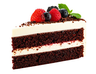 Slice of Chocolate Velvet Cake with Berry Garnish and Chocolate Shavings, Transparent PNG