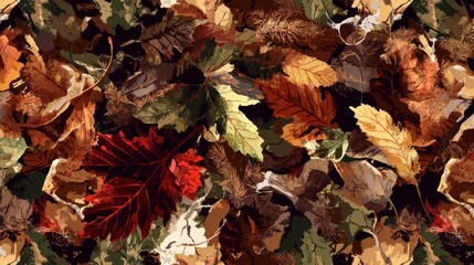 Realistic seamless camouflage pattern with autumn fallen leaves design, ideal for hunting gear, outdoor clothing, military uniforms, vehicles and tactical equipment in forest environment