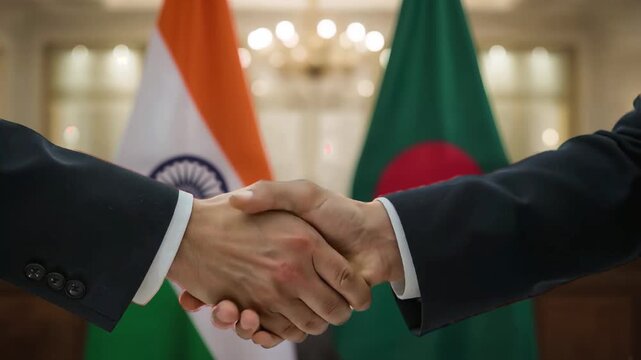 International Relations Concept, India and Bangladesh Diplomats Shaking Hands Close-Up