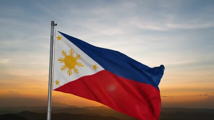 Filipino flag waving in the wind against a sunset sky