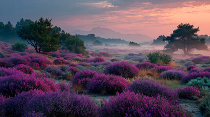 Vibrant lavender field at sunrise with mist and mountain view