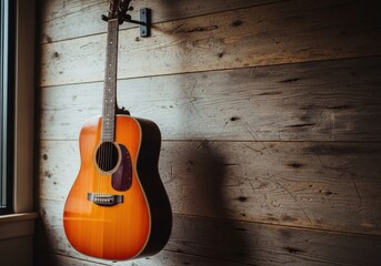 Naklejka premium Elegant Acoustic Guitar on Rustic Wood Wall Evokes Musical Inspiration