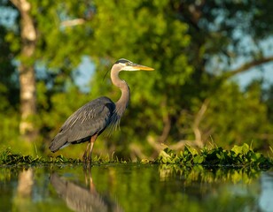 Fototapeta premium A great blue heron stands gracefully by a tranquil marsh, its reflection mirroring the serene surroundings.