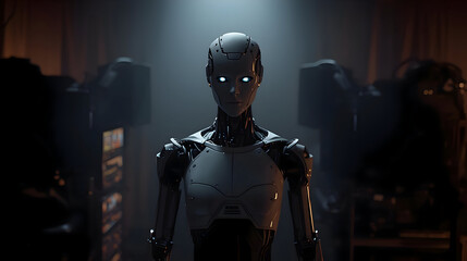 Naklejka premium Powerful futuristic robot android with an intelligent glowing face stands in dark studio, displaying serious and determined expression