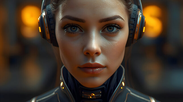 Female AI assistant director for video creation, depicted in futuristic portrait with focused and intense expression, wearing headset - Powered by Adobe