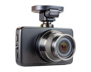 Black dash cam with lens and mounting bracket isolated on transparent background