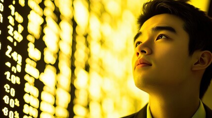 Business professional gazing at financial data, tech and economic analysis scene